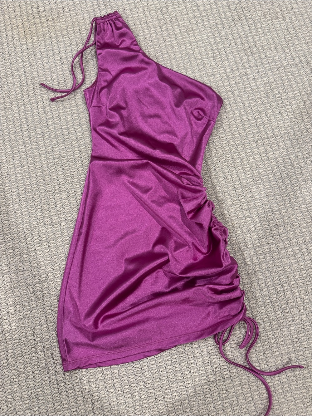 B Darlin One-Shoulder Magenta Satin Ruched Slip Dress